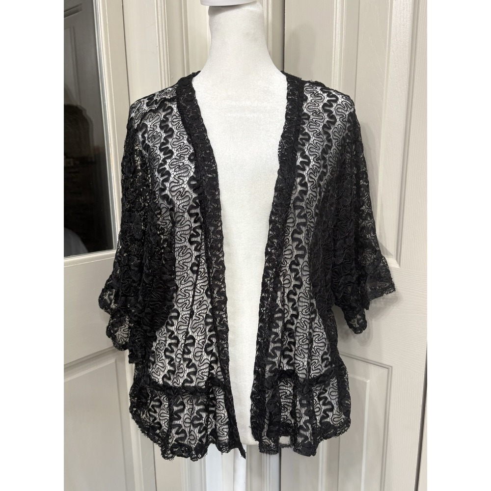 VTG Y2K Lace Cardigan Size Large Black Whimsigoth Ruffle‎ Hem And Sleeves